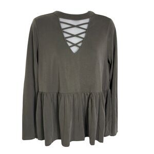 Onetheland Women’s Top Sz Small Blouse Green Peplum Crisscross Neck Long Sleeve